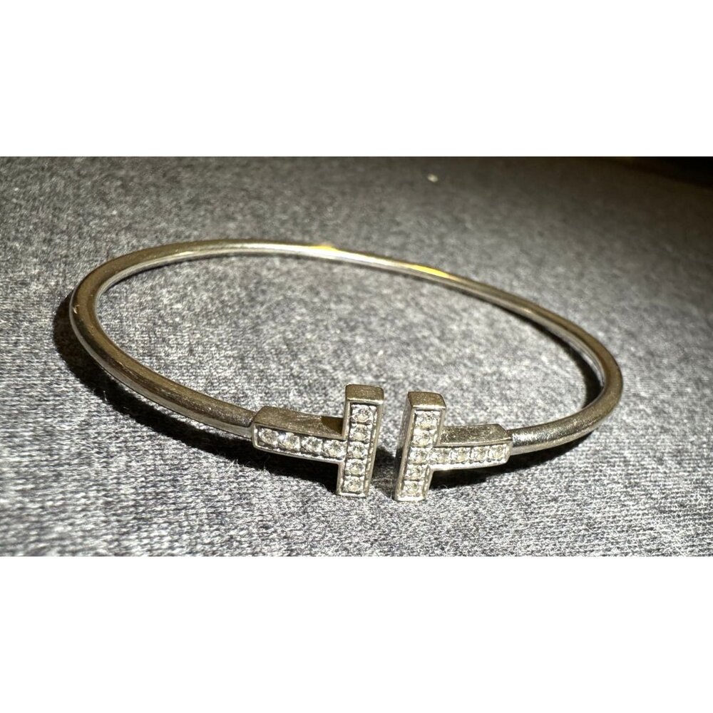 Tiffany & Co. 18K Gold Diamond T Bangle Bracelet Made In Italy